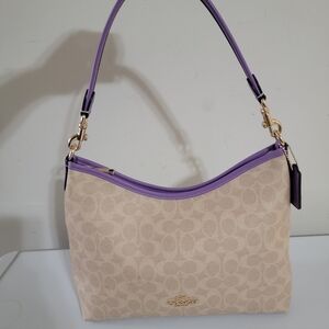 Coach Laurel Signature Print Tan and Purple Shoulder Bag